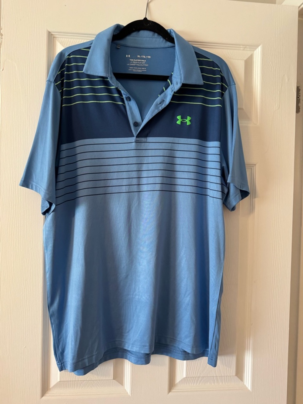 Under Armour Men’s Sky Blue Striped Performance Polo with Navy Accents